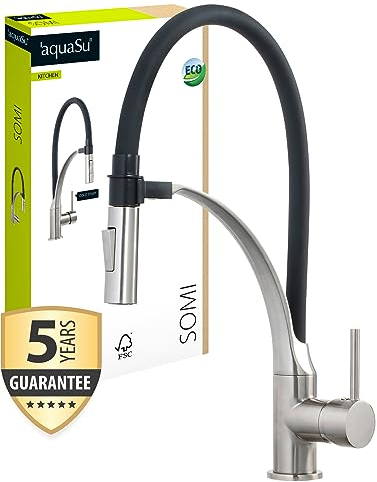 'aquaSu® Küchenarmatur mit Federbrause Somi, Kosten-sparende Kaltwassermittelstellung, Wasserspar-Kartusche, Keramikkartusche, Schaftbefestigung, Messingkern, schwarz-edelstahl, 799003