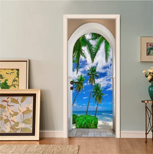 FLFK 3D Vue de l'arche ouverte de la plage Autocollant Porte Affiche pour Cuisine Chambre Salle de Bain Auto-adhésif Amovible Murale Décoration 85X215cm