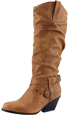 Kobilee Stivali Donna Caldo Elasticizzati Western Alti Polpaccio Vintage Morbidi Invernali con Tacco Eleganti Cowboy Comodo Curvy Stivaletti Camperos Texani