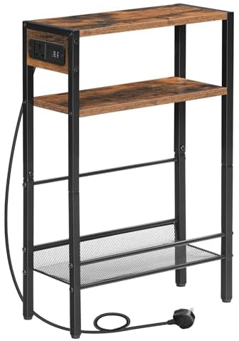HOOBRO Slim Side Table with Charging Station, Narrow Bedside Table for Small Spaces, 3-Tier End Table with USB Ports and Power Outlet, Rustic Brown and Black EBF102KBZ01