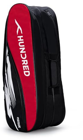 HUNDRED Cosmogear Badminton Kit-Tasche (Schwarz/Rot) | Doppelter Reißverschluss | Tasche mit Reißverschlusstasche vorne | Material: Polyester | Gepolsterte Rückengurte | Einfacher Tragegriff