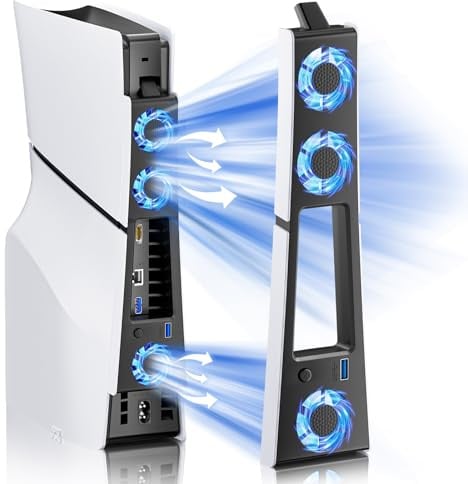 BRHE Ventola di raffreddamento sottile per PS5, sistema di raffreddamento silenzioso per PS5 Slim Digital/Discs Edition con 3 ventole/porta USB 3.0, accessori di raffreddamento sottili con luce LED