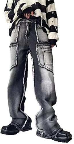 Baggy Jeans Herren Print Stretch Wide Leg Hip Hop Breite Jeans Herrenjeans Verschleißfest Straight Relaxed Fit Baggy Hose Vintage Y2K Atmungsaktiv Loose Fit Jeanshose Streetwear