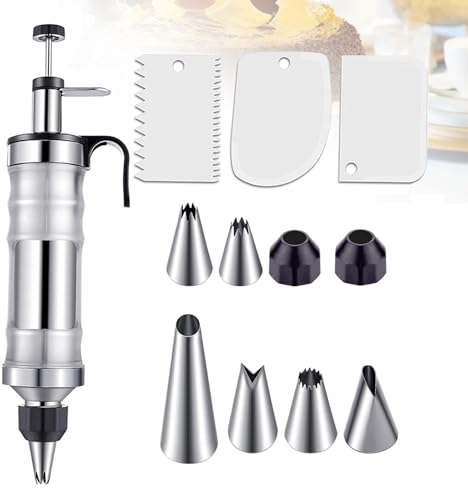 Tortenspritze - Garnierspritze Edelstahl,400ml Kuchenspritze Wiederverwendbarer,Profi Sahnespritze,Dessert Dekorieren Spritze mit 6 Tüllen,Torten Zubehör für Cupcakes, Torten Dekorieren, Kuchen