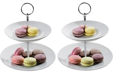 Home4You 2 Etageren mit je 2 Etagen und und je einem Tragegriff - Weiß - Porzellan - Metall - Ø 21 x H 23 cm - Servierplatte Servierständer Servierset - 2er Set