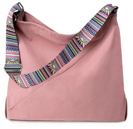 Asnews Cord Umhängetasche, Große Handtasche mit Reißverschluss, Shopper Tasche Tote Bag, Crossbody Bag mit Bunte Riemen für Damen & Mädchen