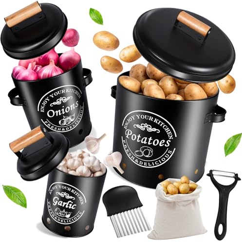 BARAKYEG Boite Pomme de Terre,Lot de 3 Rangement Pomme de Terre,rangement cuisine avec éplucheur,tissu sac de cordon,coupe frite(Noir) bocaux rangement cusine des pommes de terre,oignons,deco cuisine