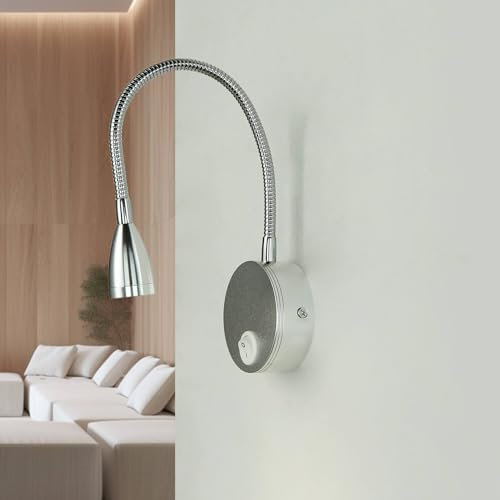 Licht-Erlebnisse LED Wandlampe Schlafzimmer, Wandlampe mit Schalter, Schwanenhals, flexibel, H:14,5 cm, 3 W, 4400 K, Silber, Wandleuchte Bett, LED Leselampe Bett