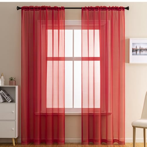2er Set Transparent Vorhang Gardinen Wohnzimmer,Halbtransparent Vorhänge für Wohnzimmer, Moderne Gardine Voile Vorhangschals Ösenvorhang Dekoschal für Fenster Schlafzimmer Balkontür100x270cm Rot