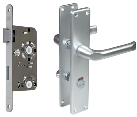 BKS Zimmertür/Wohnungstür/Badezimmer Komplett Set, inclusive Aluminium Schild Beschlag (WC Badezimmer rot/weiß, DIN LINKS, Renovierungsschild 240mm x 47mm)