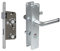 BKS Zimmertür/Wohnungstür/Badezimmer Komplett Set, inclusive Aluminium Schild Beschlag (WC Badezimmer rot/weiß, DIN LINKS, Renovierungsschild 240mm x 47mm)