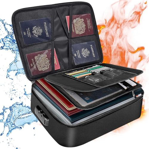 Sonhomay Caja de documentos ignífuga de gran capacidad de 3 capas, resistente al agua, organizador de documentos con cerradura para pasaportes, certificados, archivos y objetos de valor