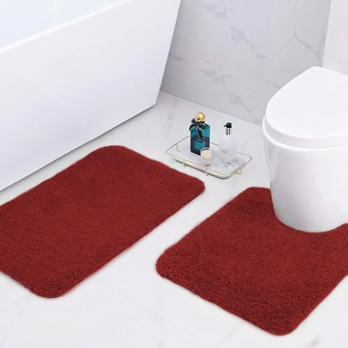 wyewye Mikrofaser-Badematten, 2 cm super dicke Badteppiche, super saugfähige Badezimmerteppiche 50x80 cm und 50x50 cm U-Form, Rot
