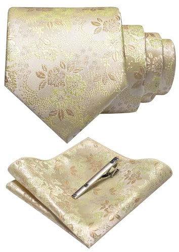 JEMYGINS Herren Blumen Krawatten und Einstecktuch Sets mit Krawattenklammer in verschiedenen Farben erhältlich,Beige/Hippiegrün