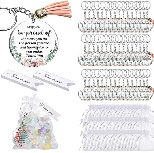 Schlüsselanhänger zur Mitarbeiteranerkennung, inspirierende Schlüsselanhänger-Sets | 48 Sets inspirierender Acryl-Schlüsselanhänger mit Quasten | Dankeschön-Schlüsselanhänger mit Taschen für Familien