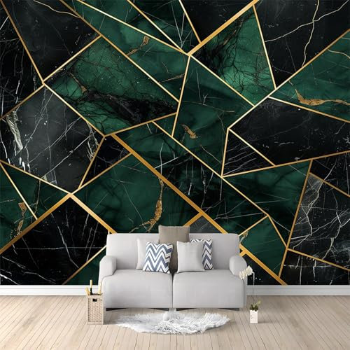 Fototapete Marmor Geometrisch Grün 350x256 cm Vlies Tapete 3D Effekt Moderne Wandtapete Dekoration, für Wohnzimmer Schlafzimmer TV-Hintergrund Wanddeko Wallpaper