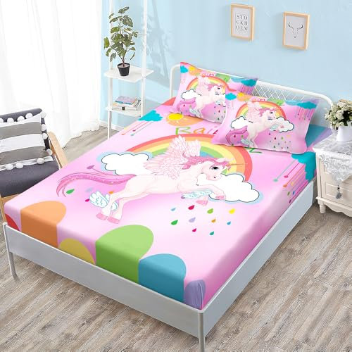 Spannbettlaken 180x200cm Regenbogen Einhorn Grün Bettlaken 180x200 Polyester Spannbettlaken 180x200 Betttuch 180x200 Atmungsaktiv Spannleintuch 180x200 Knitterfrei Spannbetttuch 180x200 30cm Tiefe
