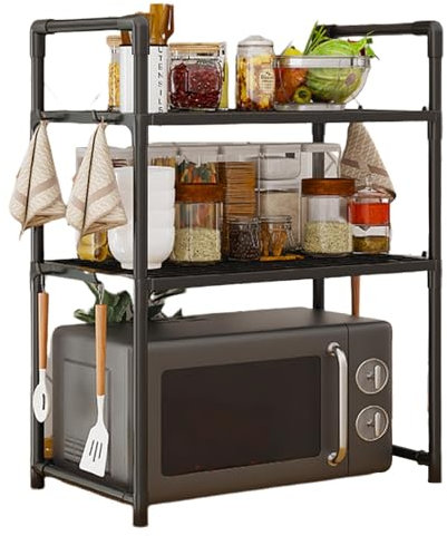 Microwave Oven Rack, 2/3 Tier Countertop Microwave Shelf, Bakers Racks For Kitchens, Adjustable Microwave Stand, Heavy Duty Kitchen Countertop Storage With Hooks For Home