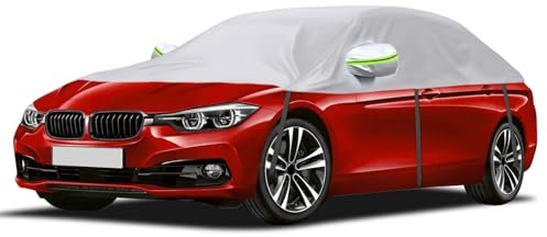 Universelle Halbgarage für Autos 323 * 150 * 49cm, Autoabdeckung Wasserdicht Ersatz für BMW 3 Series, Ersatz für Porsche 911, Autoplane Halbabdeckung Silber für Allwetter, UV-Beständige Regen