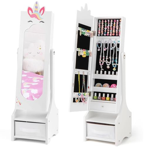 GYMAX Kids Jewelry Cabinet, Freestanding Girls Jewelry Organizer with Full-Length Mirror, Foldable Drawer and 2 Adjustable Tilt Angles, Wooden Princess Jewelry Armoire for Bedroom (Unicorn 1)