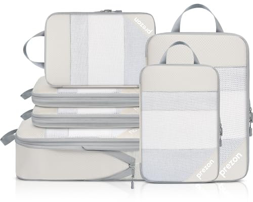 Prezon 6 Set Kompressions-Packwürfel, Durchsichtiges Design, Platzsparend, Leicht, Maßgeschneidertes Kationisches Material, Tragbarer und Langlebiger Gepäck-Organizer, Beige