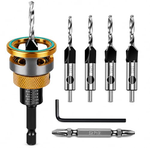 Countersink Drill Bit Set with Depth Stop 4PCS, HCS Four Blades Countersink Bits with Adjustable Depth Stop and L Shape Wrench, Wood Countersink Bit Set for Wood, Plastic, Woodworking