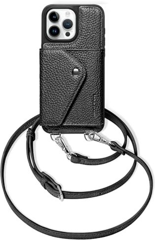LUCKYCOIN for iPhone 15 Pro Max 6.7 in Wallet Phone Case with Adjustable & Removable Lanyard Strap,Retro Pebbled Genuine Leather Women Purse Covers with Flip Pocket Fit for Women Black