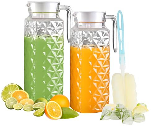 2 Pack 1.1L Plastic Jugs with Lid and Handle, Acrylic Juice Jug, Transparent Fridge Water Pitcher, Unbreakable, Easy to Clearn Water Jug for Iced Tea, Lemonade, Cold or Hot (2PCS 1.1l)