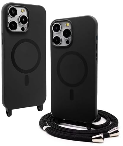 BGHHEU Silicone Coque Magnétique pour iPhone 16 Pro avec Cordon,Compatible avec MagSafe,Étui Housse Silicone avec Portable Lanyard Réglable, Noir