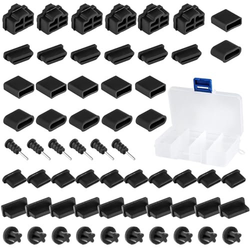 HOCUCHELAND 60 Stück USB Schutzkappe, 8 Typen Silikon USB C Staubschutz Mit Box, Schwarz USB C Schutzkappe USB Port Abdeckungen, Staubschutzstecker für USB, USB Tpy-C, RJ45, HDMI, Kopfhöreranschluss