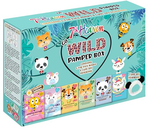 7th Heaven Go Wild Pamper Box Skincare Gift Set for Children, 6 Printed Animal Sheet Face Masks to Soothe, Hydrate and Moisturise Sensitive Skin, Plus Soft Panda Headband for Parties and Sleepovers