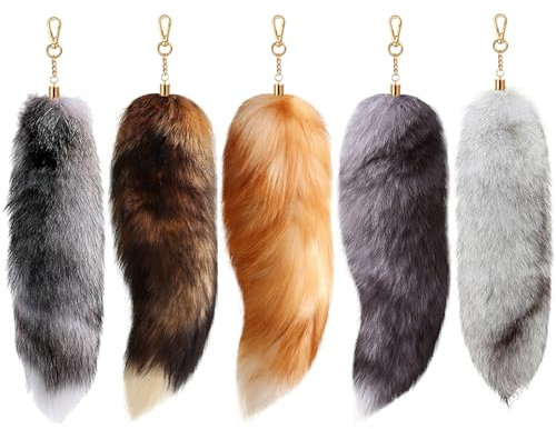 AIDODIA 5 Stück Therian Tail- Fuchsschwanz Anhänger, Fell Schwanz Keychain, 40cm Extra Groß Fuchs Schlüsselanhänger- Weich Flaumig Fox Tail Handtasche Dekoration, Tasche Zusätze, Rollenspiel (5 PCS)