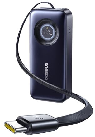 Baseus Power Bank, 20,000mAh Portable Charger with Built-in Retractable USB-C Cable, 67W Fast Charging Battery Pack, 2 USB-C for iPhone 16/15/14/13 Series, Samsung, Switch, steamdeck and more