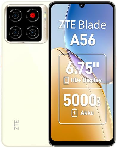 ZTE Blade A56 Smartphone ohne Vertrag, 6,75 HD+ Display (90 Hz), 4G LTE, 4GB RAM+64GB Speicher, 13MP KI-Kamera, 8MP Frontkamera, Dual SIM, Android 13, Gold (2025 Modell)