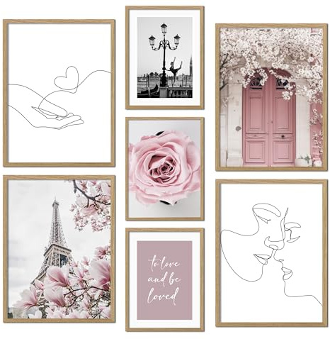 ag.art deco® Poster Wanddeko Wohnzimmer Ideal als Geschenk Modernes Design | Premium XXL mit Holz Rahmen 7 moderne Pink Paris Fasion Mehrteilige Wanddeko Wohnzimmer Schlafzimmer Eiffel Tower Weiß Rosa