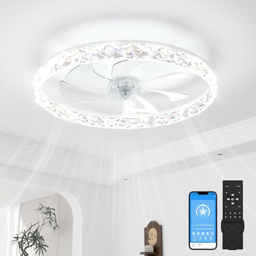 SUNKENET White Ceiling Fan with Light with Remote, 60cm Ceiling Fan Light | 6 Speeds Fan Lights Ceiling for Bedroom,Quiet Light Fan Ceiling,3000K-6500K Dimmable Smart Modern LED Ceiling Fan with Lights