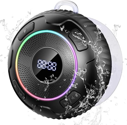Hupoaf Shower Speaker Bluetooth 5.3, 2025 IP7 Waterproof Speaker, Portable Speaker with Deep Bass, 6D HIFI Stereo, Outdoor Speaker Weatherproof, 10H Playtime, RGB, for Bathroom, Travel, Beach, Kitchen