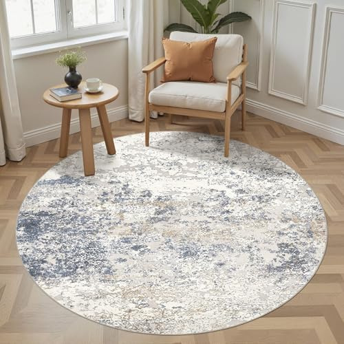 DMOYEST Teppich Rund 160cm Modern Beige Blau Waschbar | Kurzflor Weich Maschinenwaschbar Rutschfest, Kinder und Haustierfreundlich für Wohnzimmer, Schlafzimmer und Esszimmer