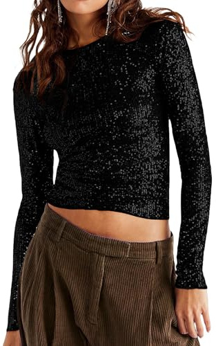 Women's Y2K Sequin Long Sleeve Top Dressy Sparkle Glitter Slim Crewneck Blouse Party Disco Rave Concert Shirts Outfits Clubwear (A-Black with Black Sequins, M)