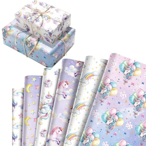 6 Blatt Einhorn Geschenkpapier Geburtstag Kinder, Buntes Weihnachtsgeschenkpapier Baby, Farbenfrohes Designpapier für Mädchen Jungs Geschenkverpackung Geburtstag Babyparty Taufe (50 x 70cm)