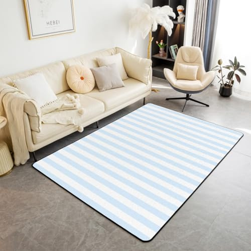Homemissing Weiß blau gestreift Modern Teppich gestreift Teppich 150x200cm für Wohnzimmer geometrische Wetterfest Basic einfache Schlafzimmer Dekor