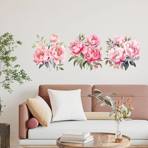 duoyif Wandtattoo Blume Pfingstrose 3 stück Wandaufkleber Blumen Rosa Pflanzen Aufkleber Frühling Wanddeko Wandsticker für Wohnzimmer Schlafzimmer Küche Tür Möbel Aufkleber (Pfingstrose)