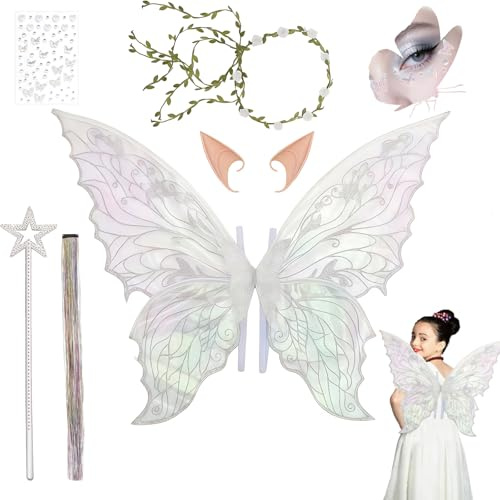 Alas Hadas Mariposa,Alas de Hada para Niñas y Adultos,con Guirnalda,Orejas de Elfo,Varita de Hada,Alas de Ángel para Mujeres para Halloween,Cumpleaños,Carnaval,Cosplay,Fiesta Temática（Blanco）