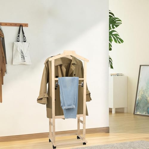 OHMG Valet de chambre à roulettes, portant à vêtements en bambou avec double cintre intégré, tige à pantalons, plateau à accessoires et étagère, porte-manteaux pour chambre, buanderie, bois naturel