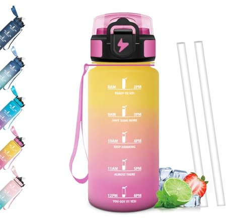 Mulbijeo Gourde Paille, Étanches, Bouteille 500ml, Portable, Bouteille d'eau Sans BPA, Échelle de Temps, Gourde Graduée pour 1 Journee pour Gym, Ecole, Cyclisme, Plein Air, Sport