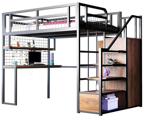 DHWDS Hochbett 140x200 cm Schwarz mit Schreibtisch und Schrank | Metall-Stauraumbett für Erwachsene & Jugendliche | Ideal für kleine Apartments, WGs und Gästezimmer