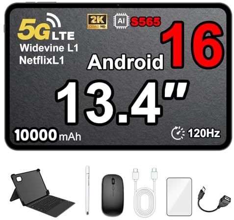 Tablet 13,4 Zoll, Android 16 Tablet mit SIM Card Slot 4G/5G LTE Calling, 120Hz Display, 32GB+256GB, 10000mAh, S565 2.9GHz Gaming Tablet, Dual Camera, Bundle mit Schutzhülle, Tastatur, Maus & Stylus