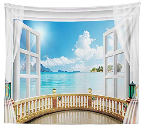 BOYOUTH Wandteppich, Wandbehang, Meerblick auf die Terrasse außerhalb des Fensters, Digitaldruck, Wandteppich, Heimdekoration für Wohnzimmer, Schlafzimmer, Schlafsaal, 150 cm breit x 100 cm hoch