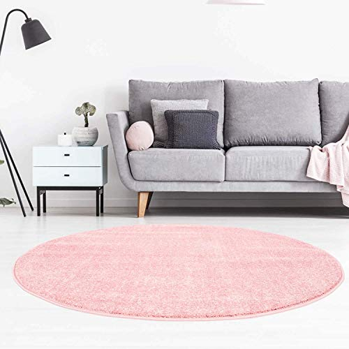 Teppich Einfarbig Rosa - 120 cm Rund - Moderne Flachflor Teppiche Wohnzimmer Jugendzimmer Kinderzimmer