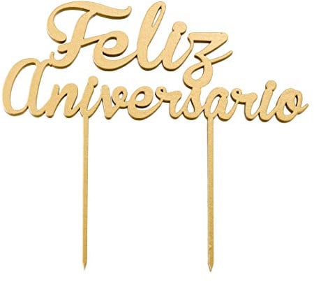 Mopec Cake Topper aus Holz, Happy Anniversary / Feliz Aniversarie, Gold, 13 x 21 cm